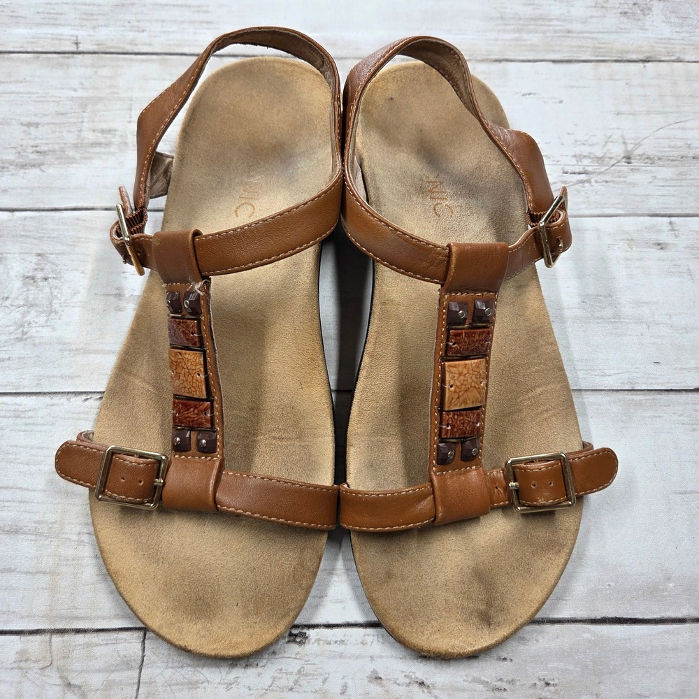 Vionic Lennox T-Strap Sandals Womens 7 Tan Leather Beaded Orthotic Comfort Boho